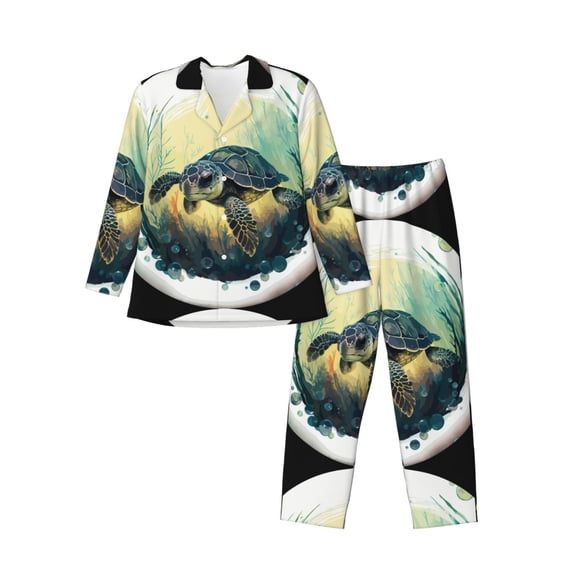 Lsque Watercolor Turtle3 Pattern Long Sleeve Pajama Set for Men - Soft 2-Piece Sleepwear and Loungewear Set with Pockets, Comfy Nightwear-XX-Large