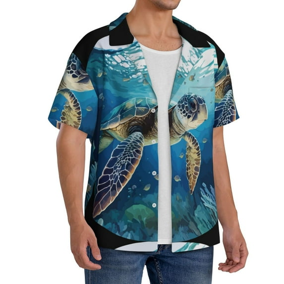 Lsque Watercolor Turtle4 print Men's Cuban Collar Short Sleeve Shirt Summer Beachwear Casual Button Down Fashionable Vacation Leisure Shirt-3X-Large