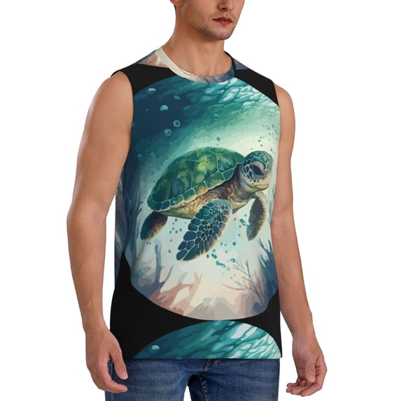 Lsque Watercolor Turtle5 Print Men's Cotton Blend Sleeveless Muscle Shirts (S-3XL)- Moisture Wicking, Odor Protection, UPF 30+,Small