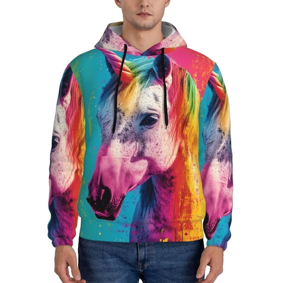 Lsque Watercolor White Horse Pattern Casual Men's Hoodie,Hooded Sweatshirt with Kangaroo Pocket,Pullover Hoodie-XX-Large