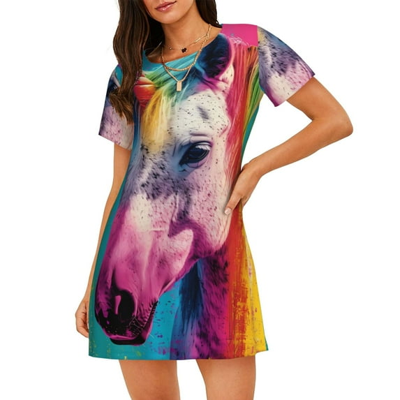Lsque Watercolor White Horse Pattern Nightgowns for Women Sleep Shirts Short Sleeve Nightshirt Pullover Nightdress Soft Sleepwear Relaxed Fit Nightdress