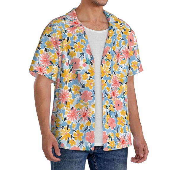 Lsque Watercolor Wildflowers print Men's Cuban Collar Short Sleeve Shirt Summer Beachwear Casual Button Down Fashionable Vacation Leisure Shirt-Medium