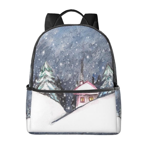 Lsque Watercolor Winter Landscape For Christmas Pattern Backpack – School Travel Canvas Daypack with Ergonomic Padded Straps, Multiple Compartments & Leather Handle