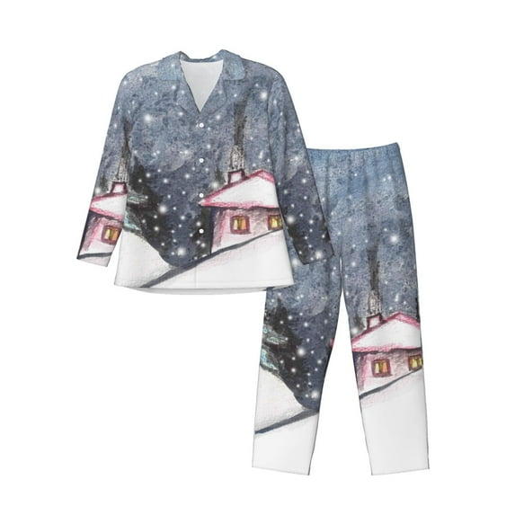 Lsque Watercolor Winter Landscape For Christmas Pattern Long Sleeve Pajama Set for Men - Soft 2-Piece Sleepwear and Loungewear Set with Pockets, Comfy Nightwear-X-Large