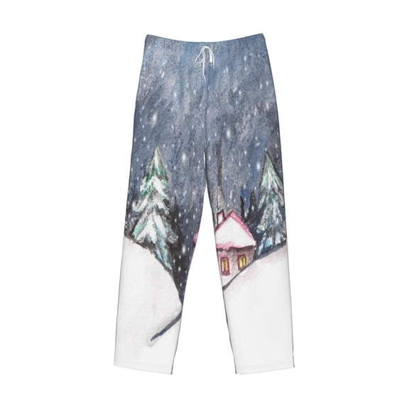 Lsque Watercolor Winter Landscape For Christmas Print Men's Pajama Pants, Lounge Pant - Comfortable Home Wear,Elastic Waistband, Stylish Design-XX-Large