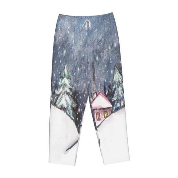 Lsque Watercolor Winter Landscape For Christmas Print Women's Pajama Pants, Lounge Pant - Comfortable Home Wear,Elastic Waistband, Stylish Design-X-Large