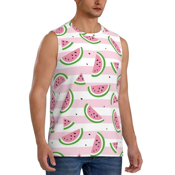 Lsque Watermelon Print Men's Cotton Blend Sleeveless Muscle Shirts (S-3XL)- Moisture Wicking, Odor Protection, UPF 30+,3X-Large