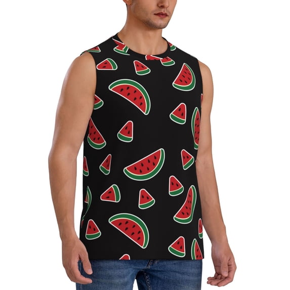 Lsque Watermelon Print Men's Cotton Blend Sleeveless Muscle Shirts (S-3XL)- Moisture Wicking, Odor Protection, UPF 30+,XX-Large