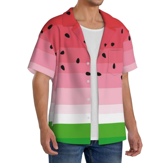 Lsque Watermelon print Men's Cuban Collar Short Sleeve Shirt Summer Beachwear Casual Button Down Fashionable Vacation Leisure Shirt-Large
