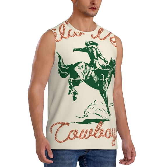 Lsque West Cowboys Print Men's Cotton Blend Sleeveless Muscle Shirts (S-3XL)- Moisture Wicking, Odor Protection, UPF 30+,X-Large