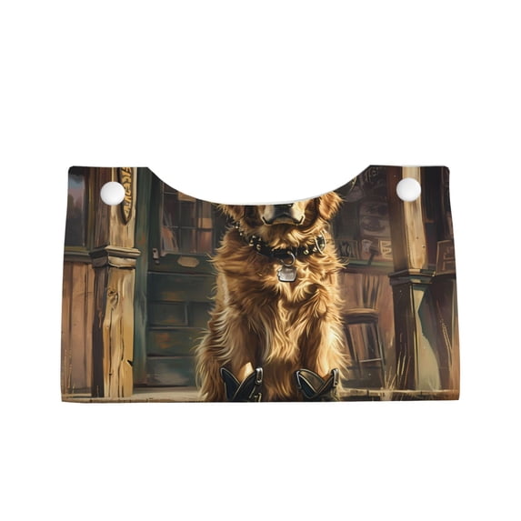 Lsque Western Cowboy Golden Retriever Printed Long Tissue Box Cover Holder, Facial Paper Organizer Dispenser,Triangle with Bottom Belt, PVC Leather Decorative Organizer