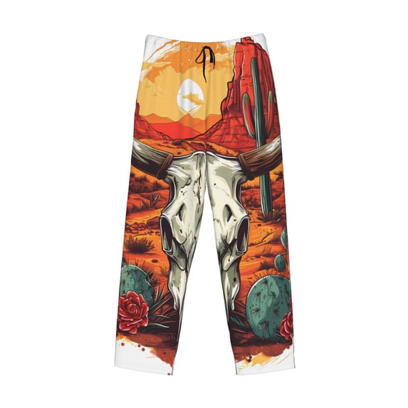 Lsque Western Desert Cactus Ram Skull Print Men's Pajama Pants, Lounge Pant - Comfortable Home Wear,Elastic Waistband, Stylish Design-Large
