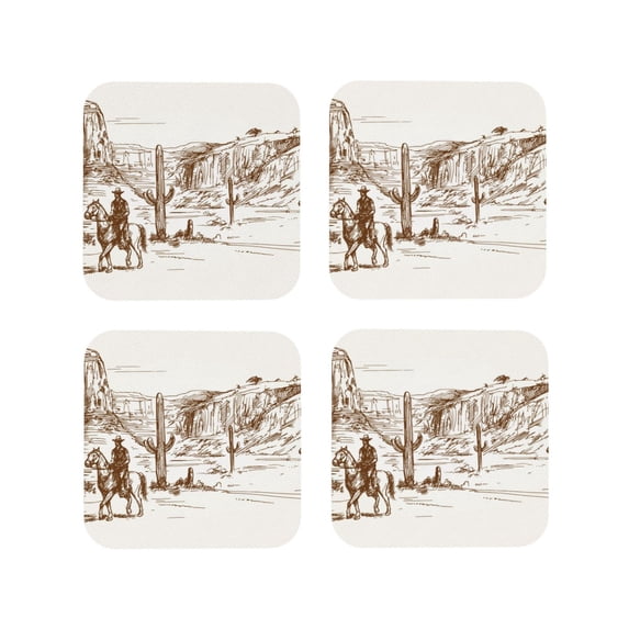 Lsque Western Desert Cowboys Pattern 4" Drink Coasters Set of 4, PVC Leather Absorbent Coasters, Table Coaster Set Decorative Coffee Cup Coasters Housewarming Gift -Square