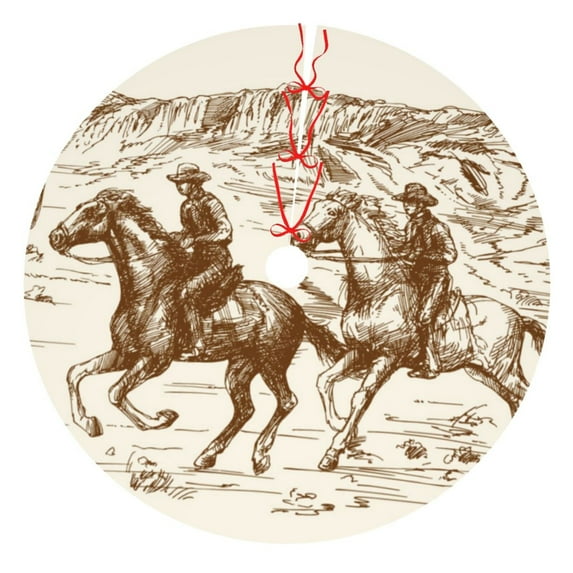Lsque Western Desert Cowboys1 Print Christmas Tree Skirt, Tree Skirt with Ties or Velcro, Perfect for Holiday Decorations, Halloween, and New Year-30"