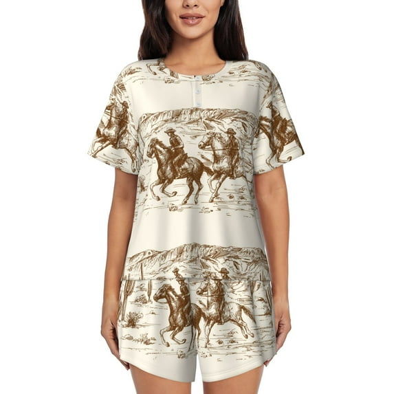 Lsque Western Desert Cowboys1 Women's Short-Sleeved Pajama Set - 2 Piece Soft and Lightweight Sleepwear Set-X-Large