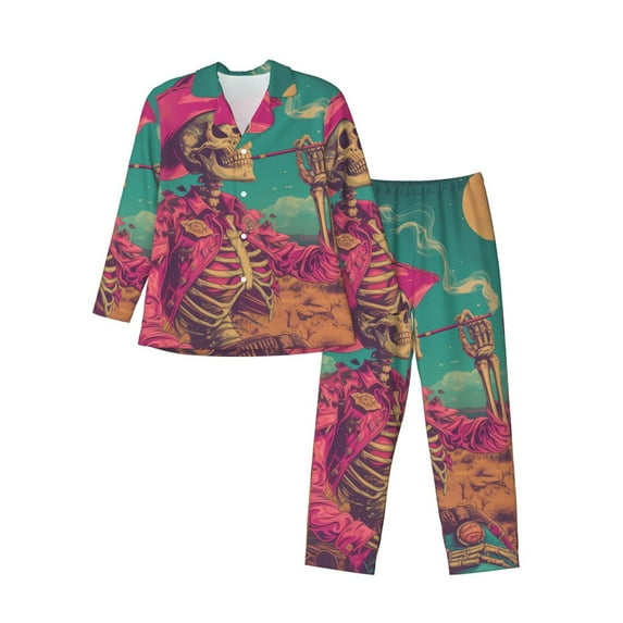 Lsque Western Desert Skull Cowboy (2) Pattern Long Sleeve Pajama Set for Men - Soft 2-Piece Sleepwear and Loungewear Set with Pockets, Comfy Nightwear-Small
