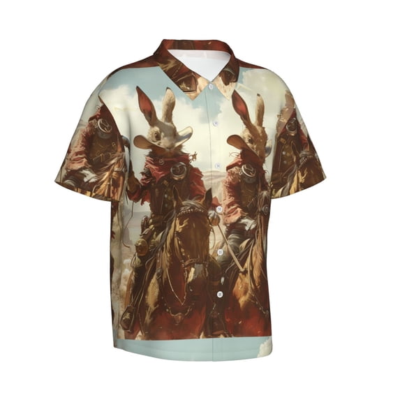Lsque Western Rabbit Cowboy pattern Hawaiian Shirt for Men, Unisex Summer Beach Casual Short Sleeve Button Down Shirts-X-Large