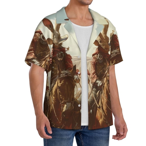 Lsque Western Rabbit Cowboy print Men's Cuban Collar Short Sleeve Shirt Summer Beachwear Casual Button Down Fashionable Vacation Leisure Shirt-4X-Large