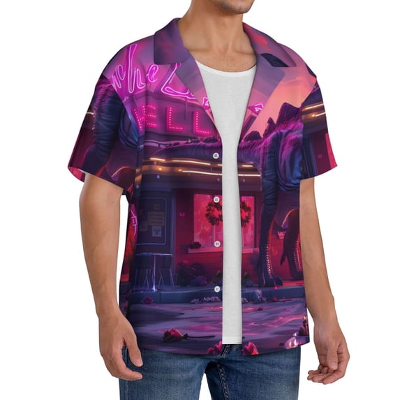 Lsque Western Style Dinosaur print Men's Cuban Collar Short Sleeve Shirt Summer Beachwear Casual Button Down Fashionable Vacation Leisure Shirt-4X-Large