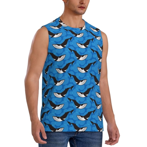 Lsque Whale And Sea Print Men's Cotton Blend Sleeveless Muscle Shirts (S-3XL)- Moisture Wicking, Odor Protection, UPF 30+,Small