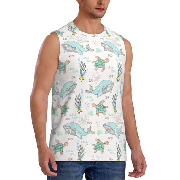 Lsque Whale And Turtle Print Men's Cotton Blend Sleeveless Muscle Shirts (S-3XL)- Moisture Wicking, Odor Protection, UPF 30+,3X-Large