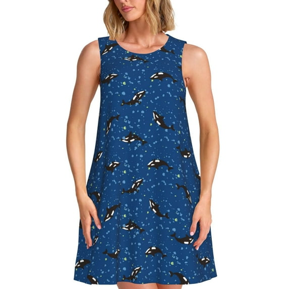 Lsque Whales Swim Pattern Summer Dresses for Women – Sleeveless T-Shirt Swing Sundress, Perfect for the Beach and Casual Days