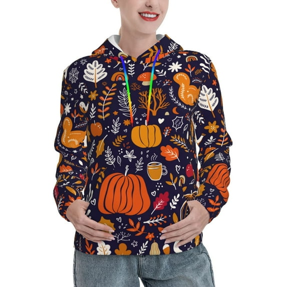 Lsque Whimsical Autumn Forest Pattern Casual Women's Hoodie,Hooded Sweatshirt with Kangaroo Pocket,Pullover Hoodie with Eye-catching Drawstrings-Medium