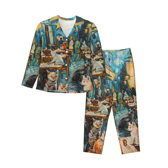 Lsque Whimsical Cats Night Cafe Pattern Long Sleeve Pajama Set for Women - Soft 2-Piece Sleepwear and Loungewear Set with Pockets, Comfy Nightwear-Small