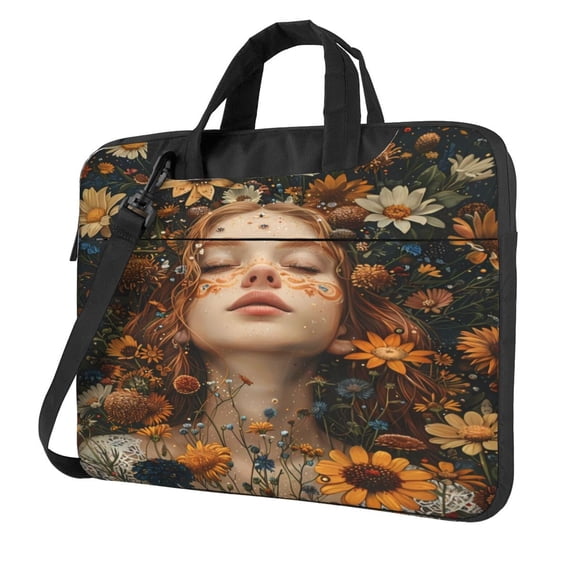 Lsque Whimsical Flower Crown Maiden Pattern Laptop Bag – Portable & Slim Single-Shoulder Computer Case with Adjustable Strap, Protective, Lightweight for 13”/14”/15.6” Laptops