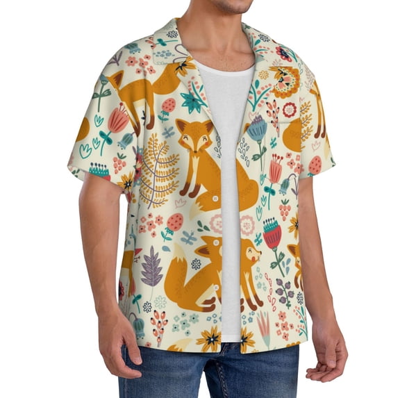 Lsque Whimsical Fox Floral Garden print Men's Cuban Collar Short Sleeve Shirt Summer Beachwear Casual Button Down Fashionable Vacation Leisure Shirt-4X-Large