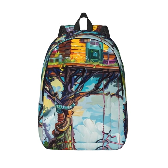 Lsque Whimsical Treehouse Painting Pattern Canvas Daypack, Durable Backpack, High-quality Versatile Backpack,Vintage Compact Backpack-Medium