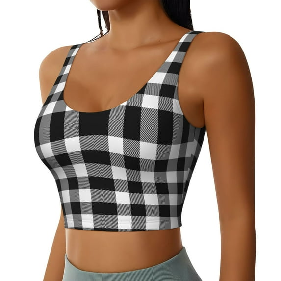Lsque White And Black Plaid Printed Women'S Sports Bra, Compression, Moisture Wicking, High-Impact Sports Bra For Women,Supportive sports bra-Small