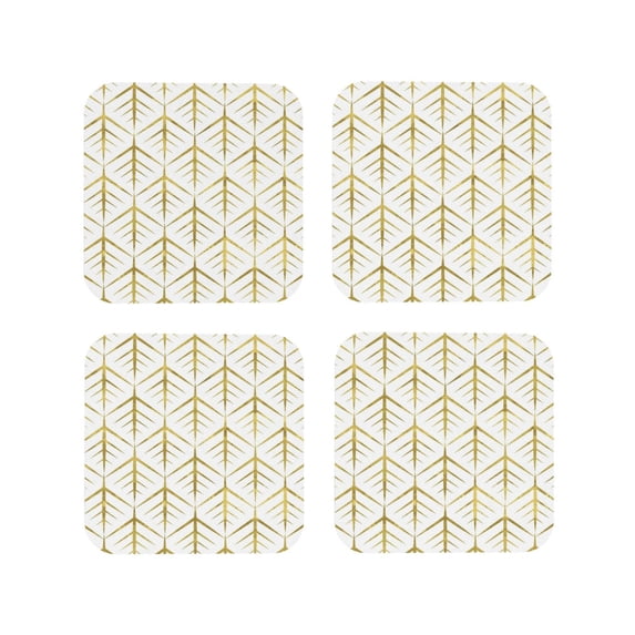 Lsque White And Gold Geometry Pattern 4" Drink Coasters Set of 4, PVC Leather Absorbent Coasters, Table Coaster Set Decorative Coffee Cup Coasters Housewarming Gift -Square