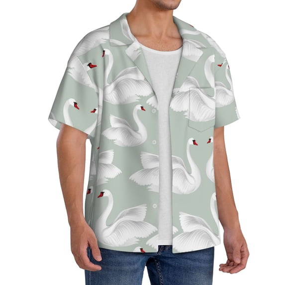 Lsque White Birds print Men's Cuban Collar Short Sleeve Shirt Summer Beachwear Casual Button Down Fashionable Vacation Leisure Shirt-X-Large