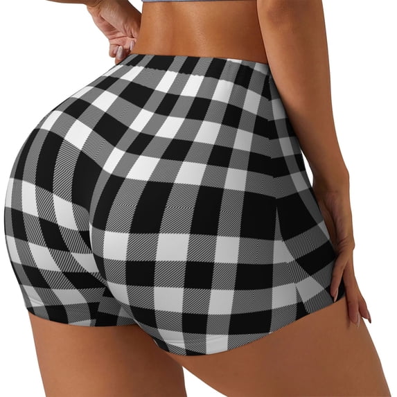 Lsque White And Black Plaid Pattern High Waisted Biker Shorts for Women-Tummy Control Fitness Athletic Workout Running Yoga Gym Shorts,Moisture-Wicking-Small