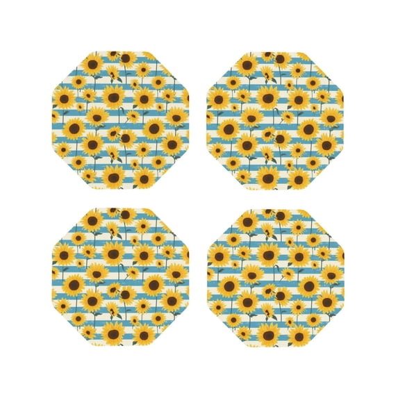Lsque White Blue Striped Sunflower Pattern 4" Drink Coasters Set of 4, PVC Leather Absorbent Coasters, Table Coaster Set Decorative Coffee Cup Coasters Housewarming Gift -Octagon