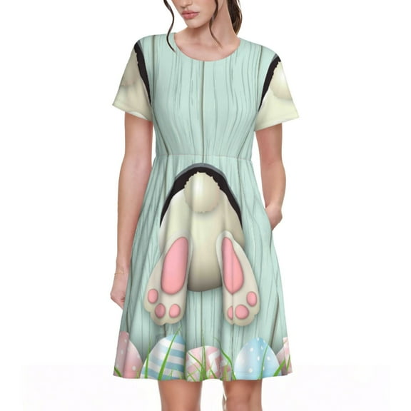 Lsque White Bunny Bottom And Easter Eggs Print Women's Casual Dress T-Shirt Summer Short Sleeve Scoop Neck Swing Dresses