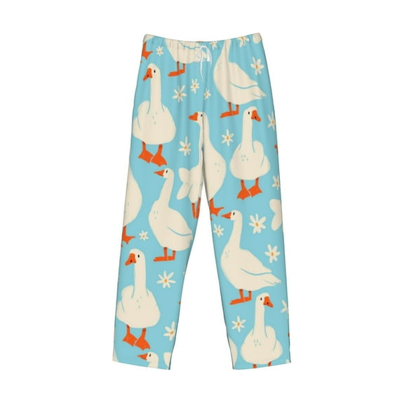 Lsque White Geese and Flower Print Men's Pajama Pants, Lounge Pant - Comfortable Home Wear,Elastic Waistband, Stylish Design-X-Large
