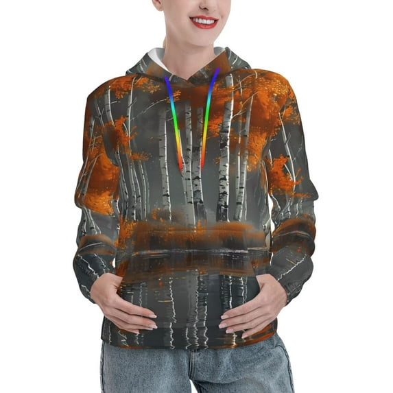 Lsque White Horse Autumn Birch Pattern Casual Women's Hoodie,Hooded Sweatshirt with Kangaroo Pocket,Pullover Hoodie with Eye-catching Drawstrings-XX-Large