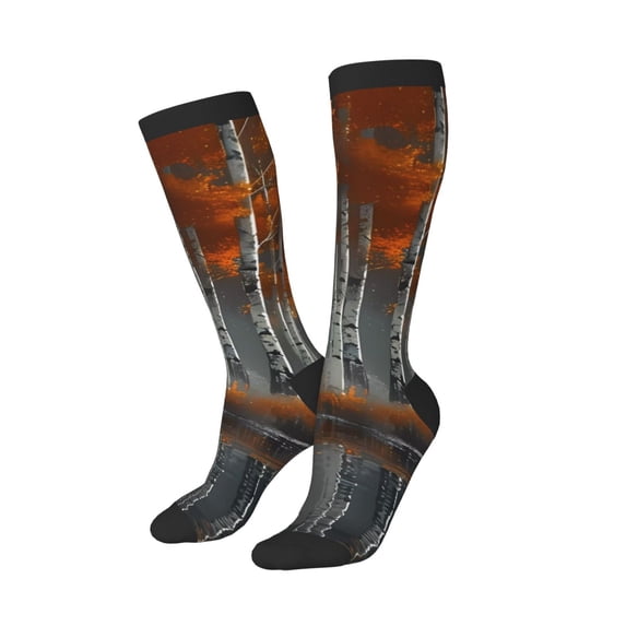 Lsque White Horse Autumn Birch Printed Crew Socks Men's Women's LightWeight Thin Casual Calf Socks ,Knee High Socks,Cotton Socks