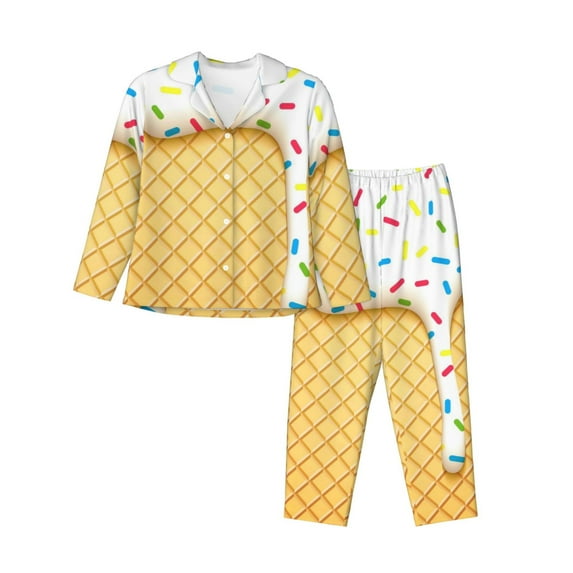 Lsque White Ice Cream Pattern Long Sleeve Pajama Set for Women - Soft 2-Piece Sleepwear and Loungewear Set with Pockets, Comfy Nightwear-Medium