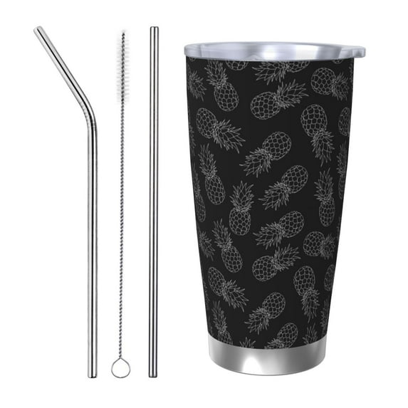 Lsque White Pineapples Pattern 20oz Car Cup with Lid and Straw, Insulated Coffee Cup with Straw Topper, Spill Proof Travel Coffee Mug, Stainless Steel Tumble-Straw Three-piece Set