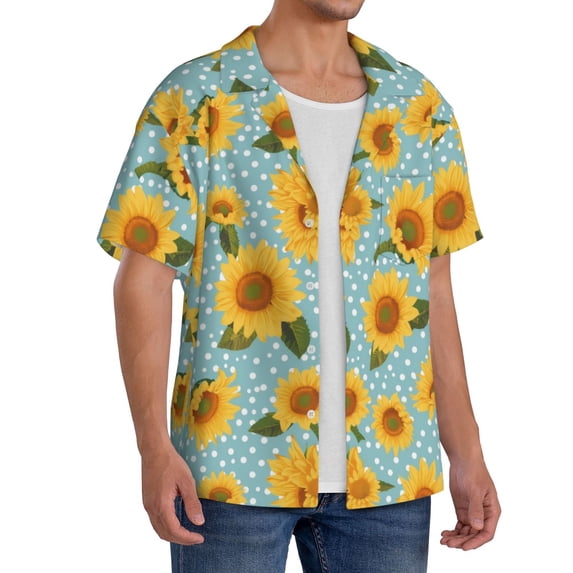 Lsque White Polka Dot Sunflower print Men's Cuban Collar Short Sleeve Shirt Summer Beachwear Casual Button Down Fashionable Vacation Leisure Shirt-Small