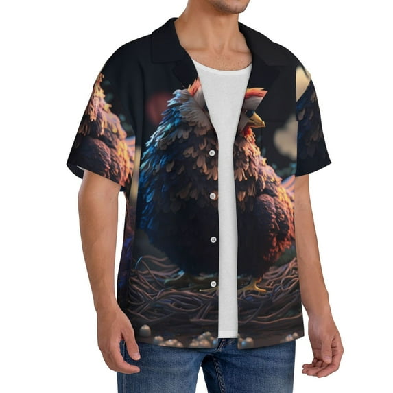 Lsque White Purple Flower Chicken print Men's Cuban Collar Short Sleeve Shirt Summer Beachwear Casual Button Down Fashionable Vacation Leisure Shirt-Medium