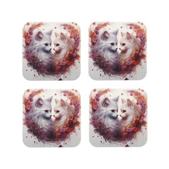 Lsque White Red Cat Couple Pattern 4" Drink Coasters Set of 4, PVC Leather Absorbent Coasters, Table Coaster Set Decorative Coffee Cup Coasters Housewarming Gift -Square