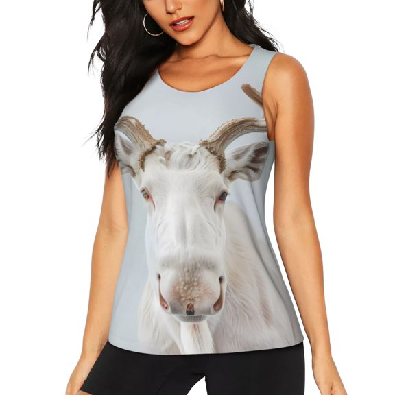Lsque White Reindeer Portrait Printed Workout Tank Tops for Women, Athletic Sports Tank Tops, Compression Sleeveless Dry Fit Shirts,Sleeveless Yoga Shirt-Small
