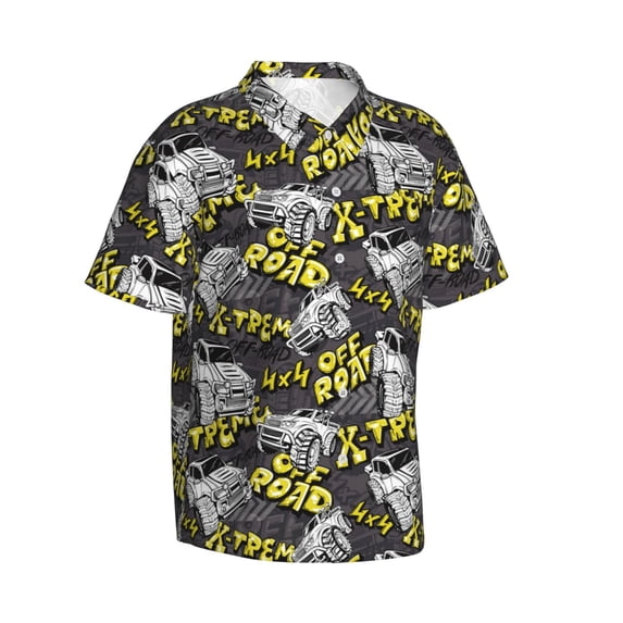 Lsque White Retro Off-Road Vehicle pattern Hawaiian Shirt for Men, Unisex Summer Beach Casual Short Sleeve Button Down Shirts-3X-Large