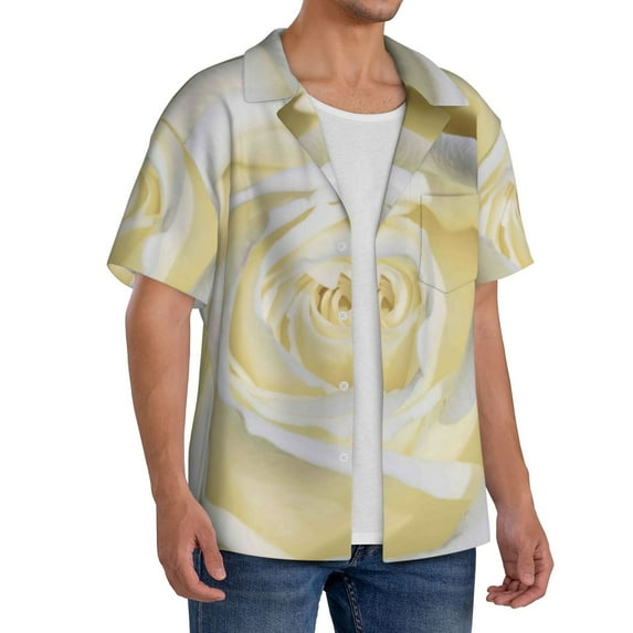 Lsque White Rose print Men's Cuban Collar Short Sleeve Shirt Summer Beachwear Casual Button Down Fashionable Vacation Leisure Shirt-XX-Large