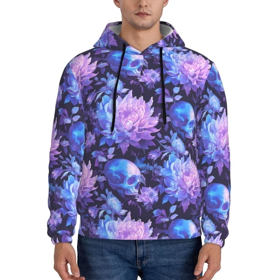 Lsque White Skull Flower Pattern Casual Men's Hoodie,Hooded Sweatshirt with Kangaroo Pocket,Pullover Hoodie-Large