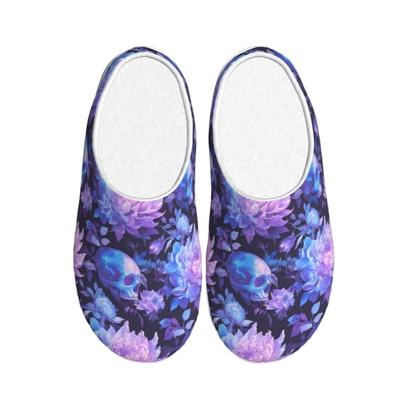 Lsque White Skull Flower Pattern Womens Comfort Cotton on Scuff With Memory Foam and Anti-skid Sole Slipper-46/47